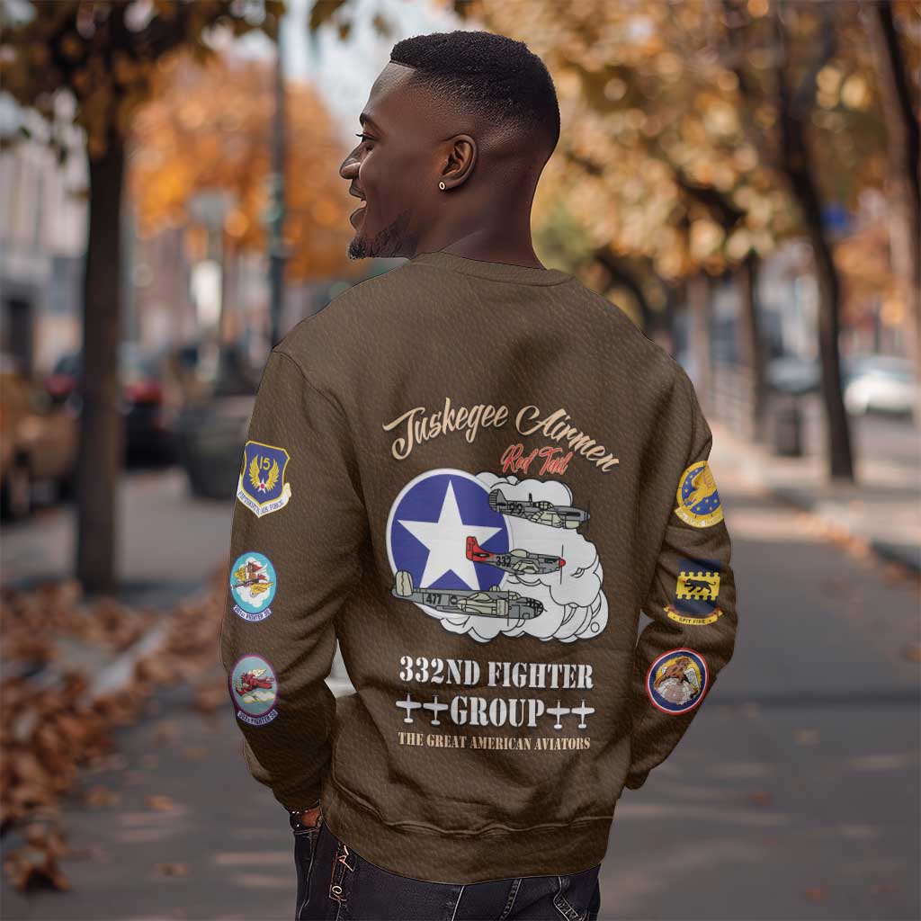 African American Aviators WWII Sweatshirt Tuskegee Red Tails Airmen Brown Leather Pattern - African Pride