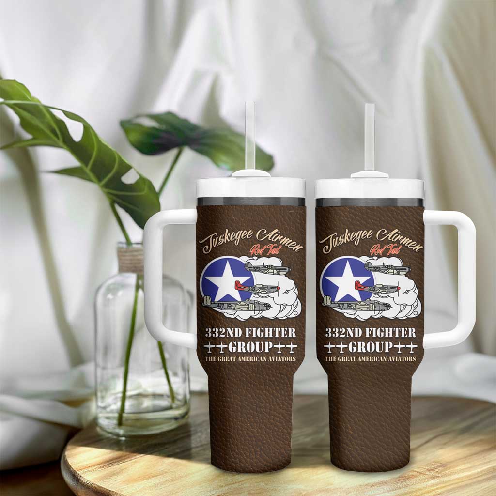 African American Aviators WWII Tumbler With Handle Tuskegee Red Tails Airmen Brown Leather Pattern - African Pride