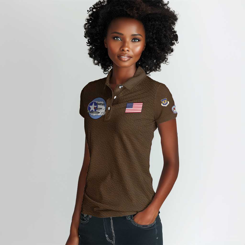 African American Aviators WWII Women Polo Shirt Tuskegee Red Tails Airmen Brown Leather Pattern - African Pride