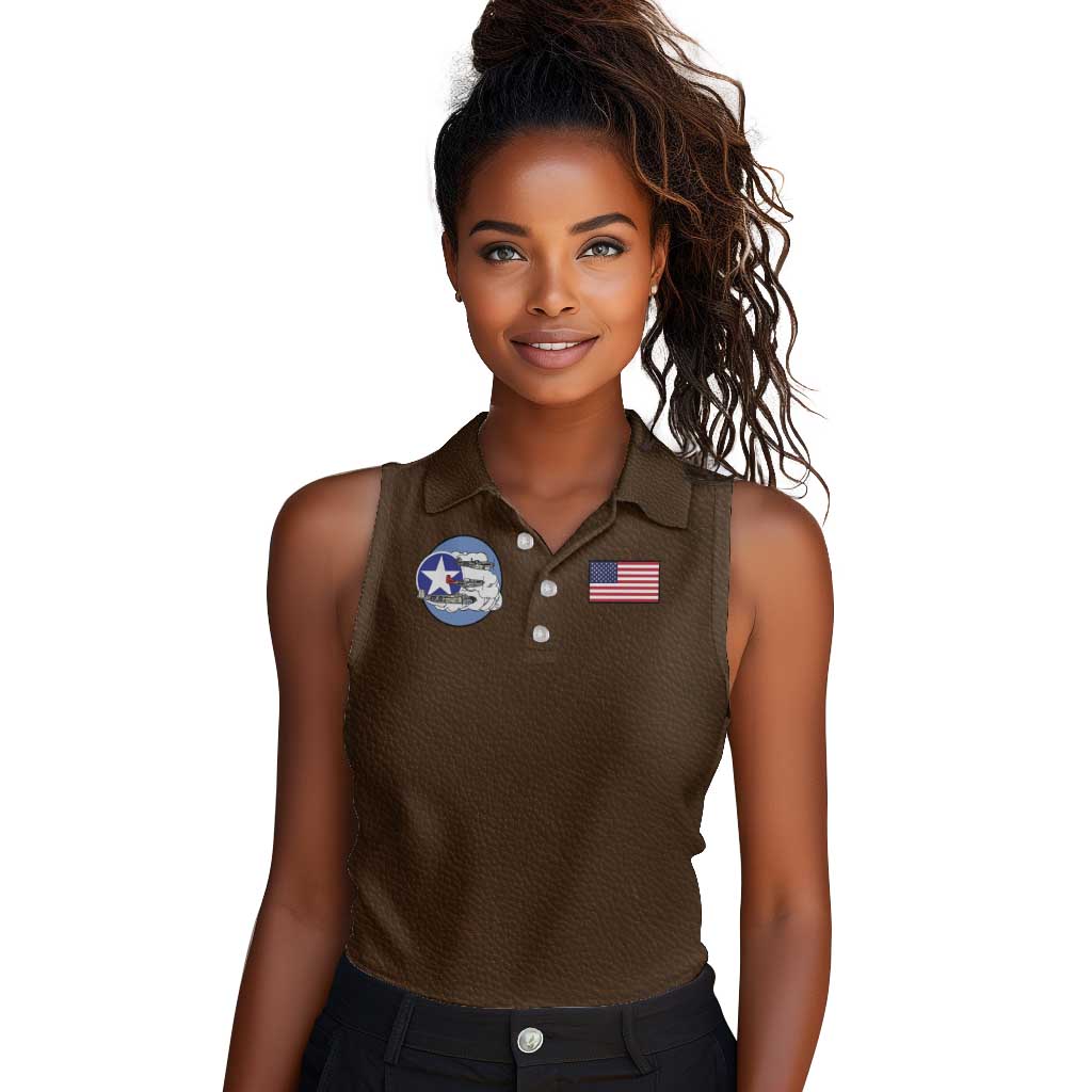 African American Aviators WWII Women Sleeveless Polo Shirt Tuskegee Red Tails Airmen Brown Leather Pattern - African Pride