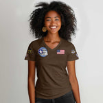 African American Aviators WWII Women V-Neck T-Shirt Tuskegee Red Tails Airmen Brown Leather Pattern - African Pride