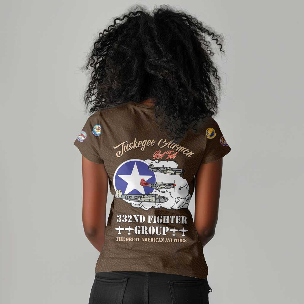 African American Aviators WWII Women V-Neck T-Shirt Tuskegee Red Tails Airmen Brown Leather Pattern - African Pride