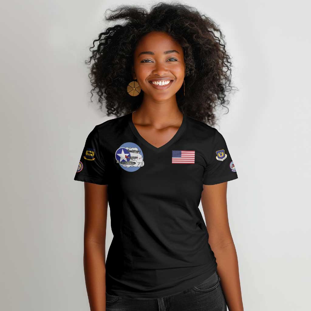 African American Aviators WWII Women V-Neck T-Shirt Tuskegee Red Tails Airmen Black - African Pride