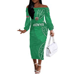 Jamhuri ya Kenya Rugby Custom Off The Shoulder Long Sleeve Dress Kenyan Shield Style - Green Color