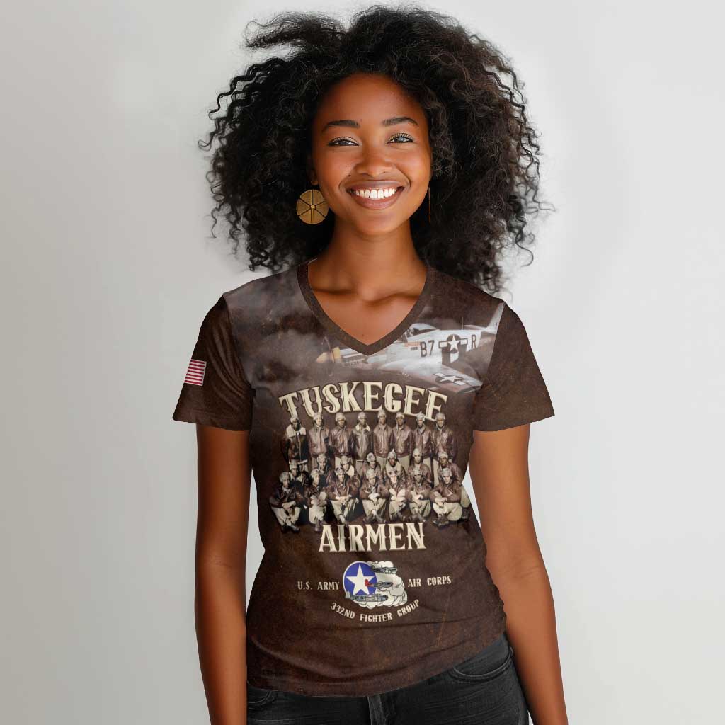Remembering the Red Tail Heroes Women V-Neck T-Shirt Tuskegee Airmen Legacy Retro Style - African Pride