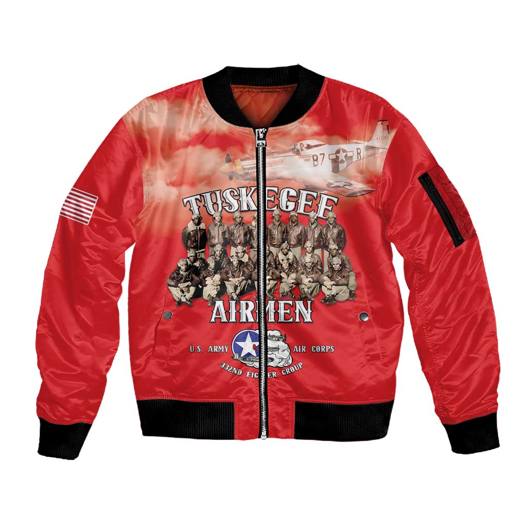 Remembering the Red Tail Heroes Sleeve Zip Bomber Jacket Tuskegee Airmen Legacy - Red - African Pride