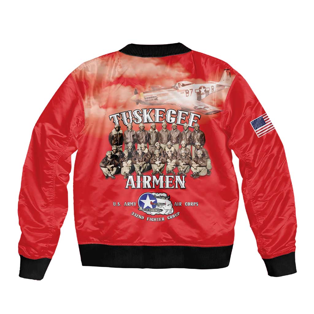 Remembering the Red Tail Heroes Sleeve Zip Bomber Jacket Tuskegee Airmen Legacy - Red - African Pride