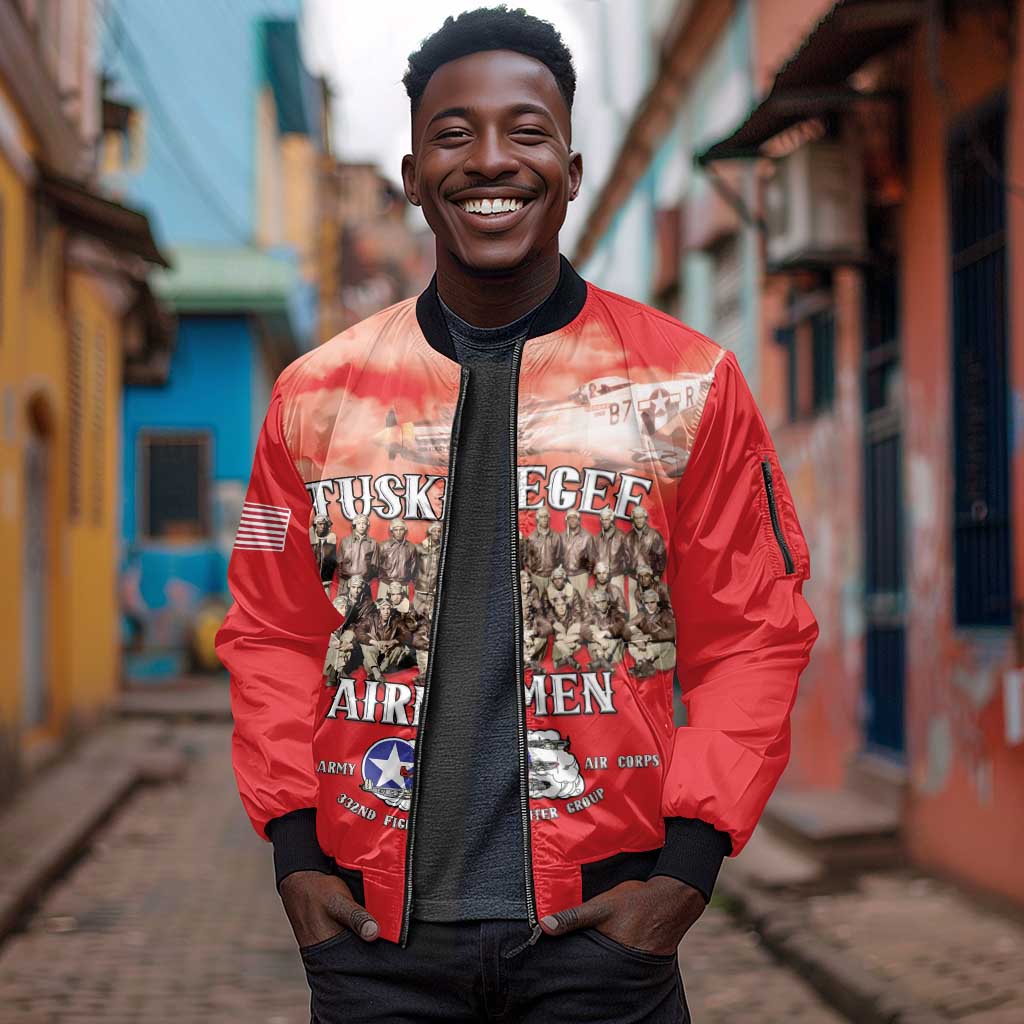 Remembering the Red Tail Heroes Sleeve Zip Bomber Jacket Tuskegee Airmen Legacy - Red - African Pride