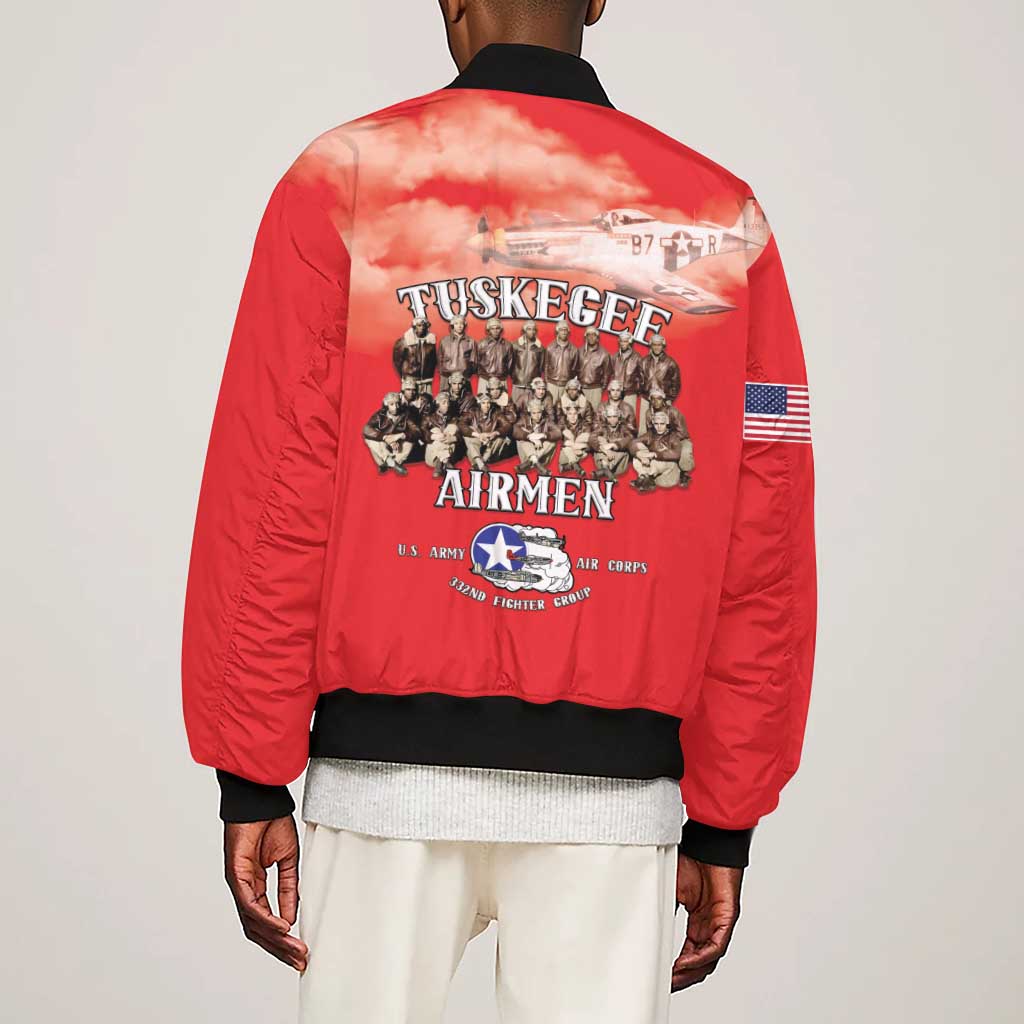 Remembering the Red Tail Heroes Sleeve Zip Bomber Jacket Tuskegee Airmen Legacy - Red - African Pride