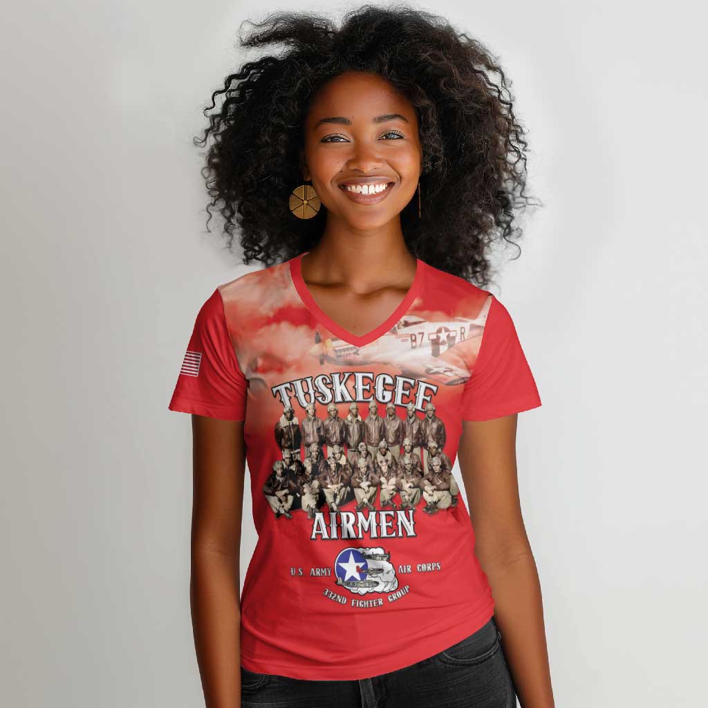 Remembering the Red Tail Heroes Women V-Neck T-Shirt Tuskegee Airmen Legacy - Red - African Pride