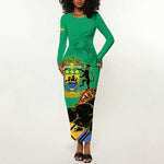 Afro Gabon Long Sleeve Bodycon Dress Black Panther With Coat Of Arms LT15