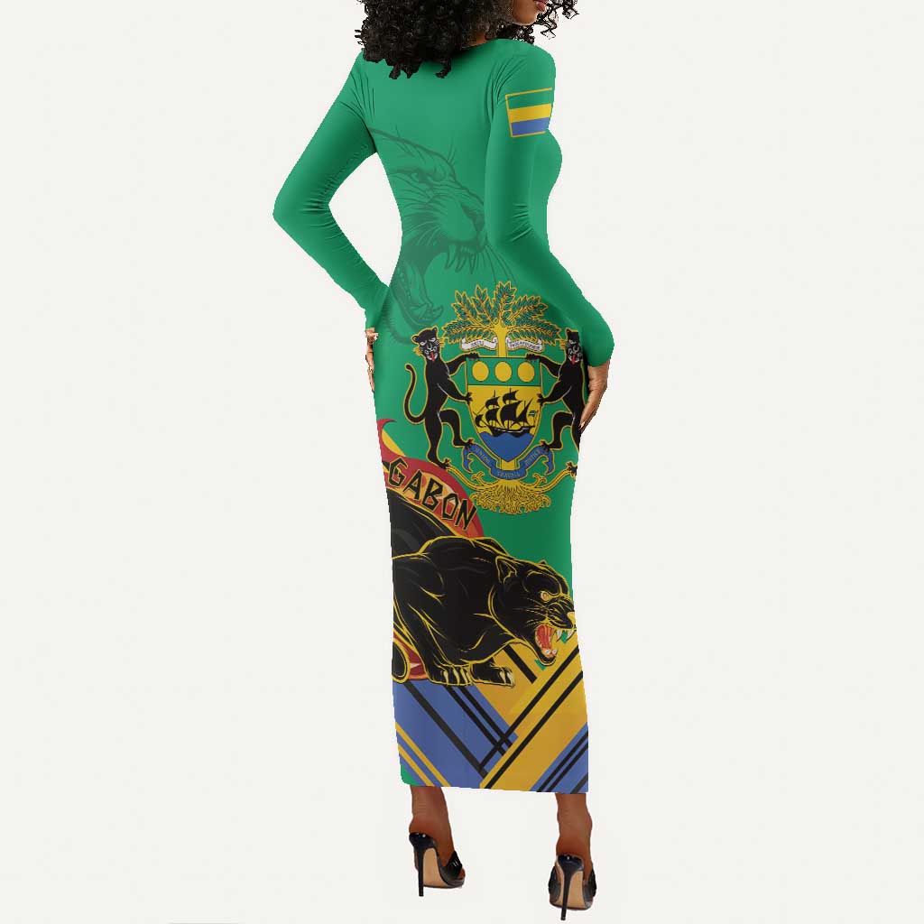 Afro Gabon Long Sleeve Bodycon Dress Black Panther With Coat Of Arms LT15
