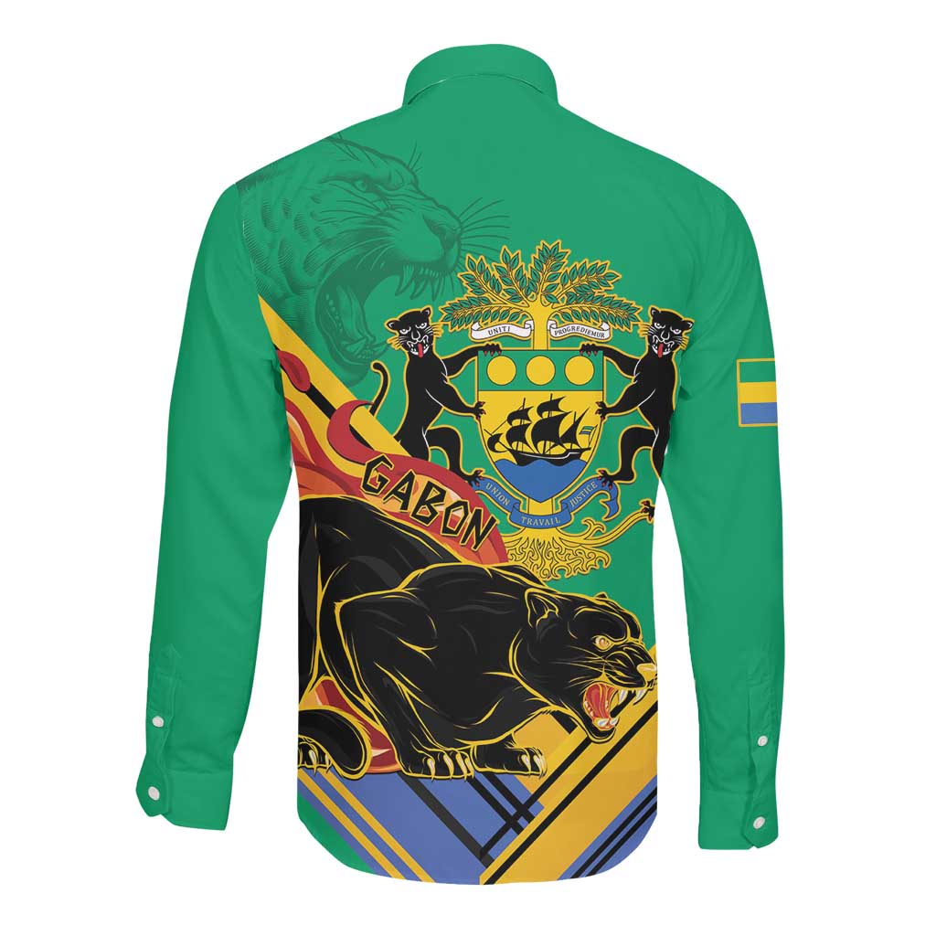 Afro Gabon Long Sleeve Button Shirt Black Panther With Coat Of Arms