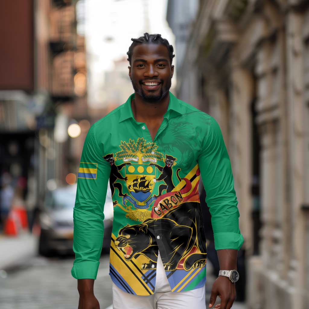 Afro Gabon Long Sleeve Button Shirt Black Panther With Coat Of Arms