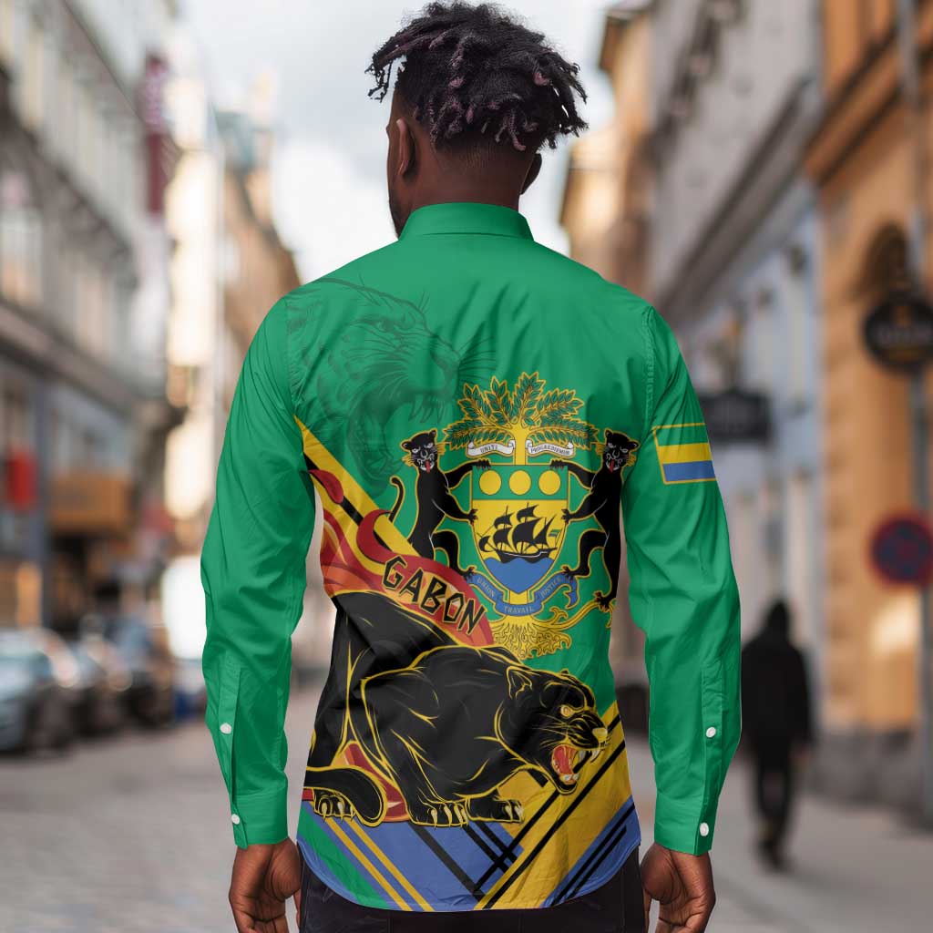 Afro Gabon Long Sleeve Button Shirt Black Panther With Coat Of Arms
