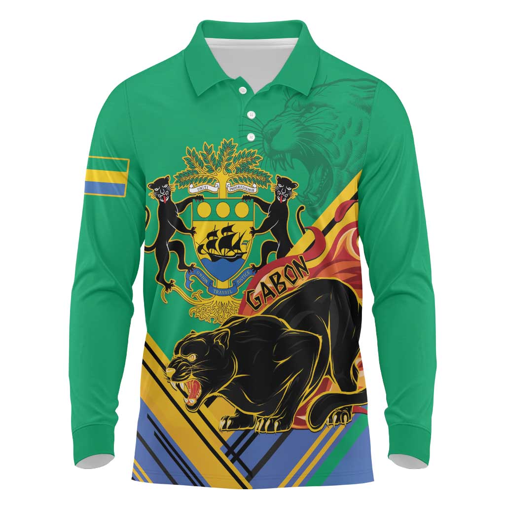 Afro Gabon Long Sleeve Polo Shirt Black Panther With Coat Of Arms
