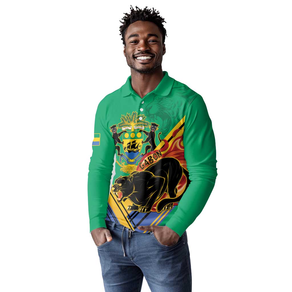 Afro Gabon Long Sleeve Polo Shirt Black Panther With Coat Of Arms