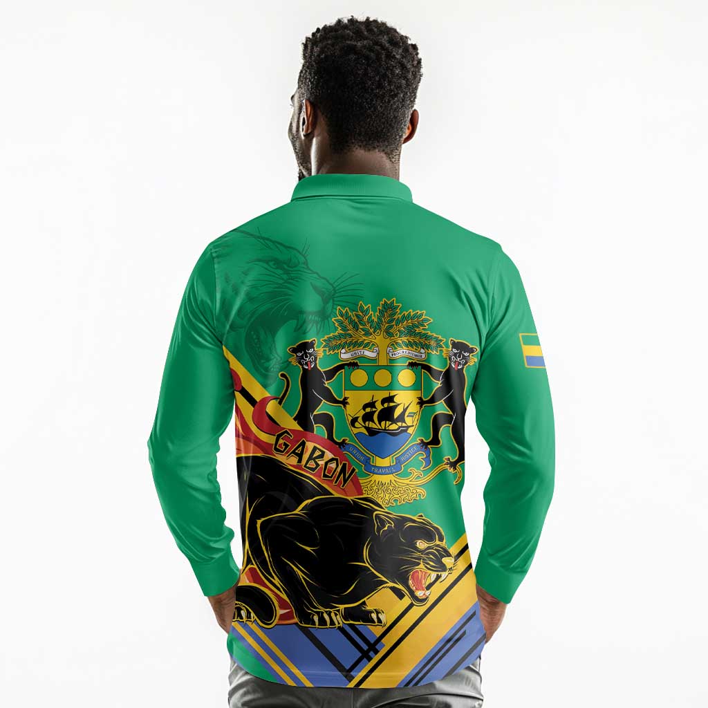 Afro Gabon Long Sleeve Polo Shirt Black Panther With Coat Of Arms