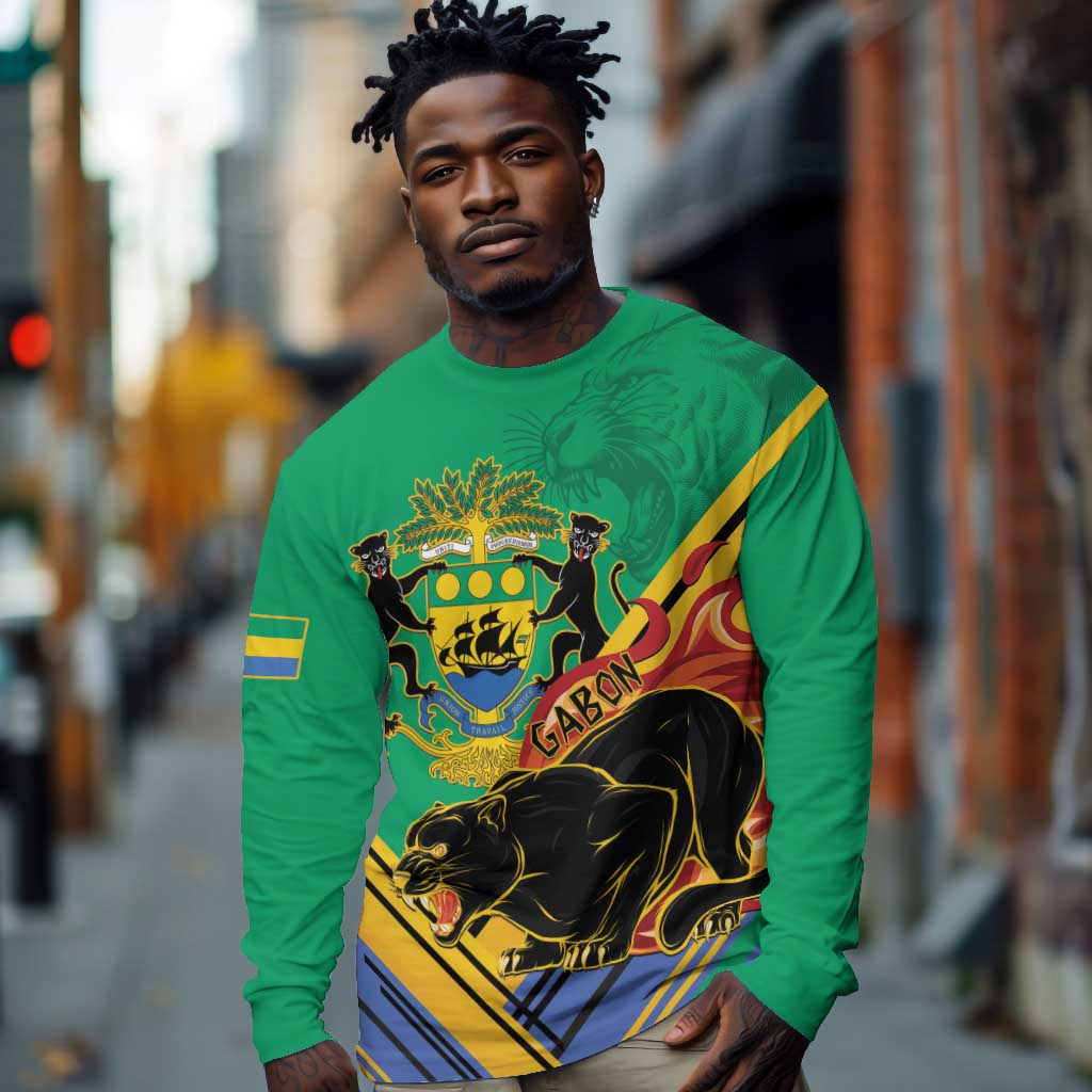 Afro Gabon Long Sleeve Shirt Black Panther With Coat Of Arms