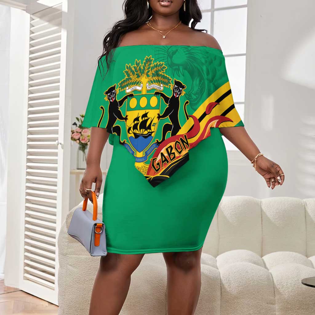 Afro Gabon Off Shoulder Short Dress Black Panther With Coat Of Arms