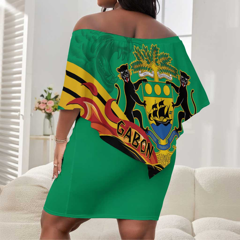 Afro Gabon Off Shoulder Short Dress Black Panther With Coat Of Arms
