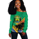 Afro Gabon Off Shoulder Sweater Black Panther With Coat Of Arms