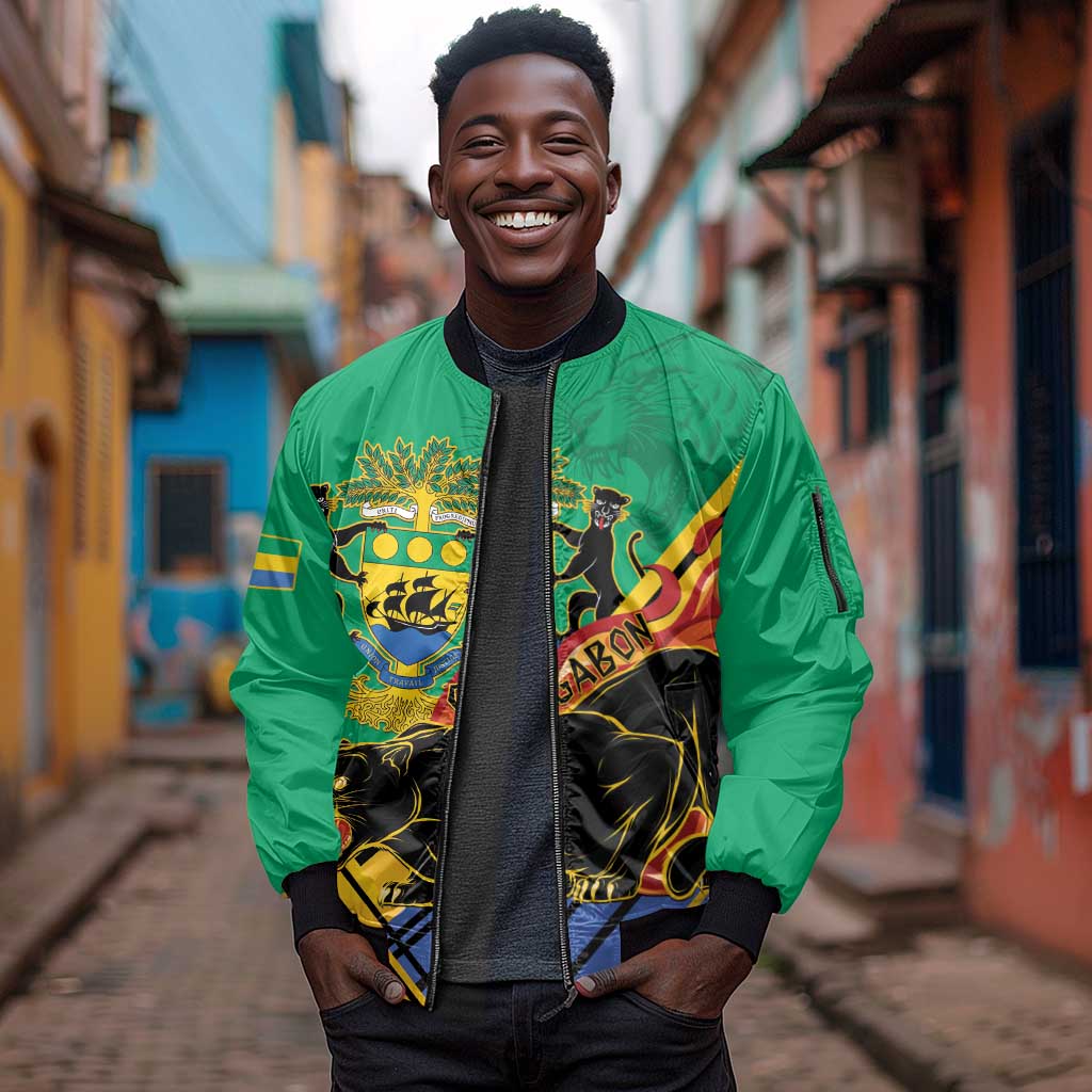 Afro Gabon Sleeve Zip Bomber Jacket Black Panther With Coat Of Arms