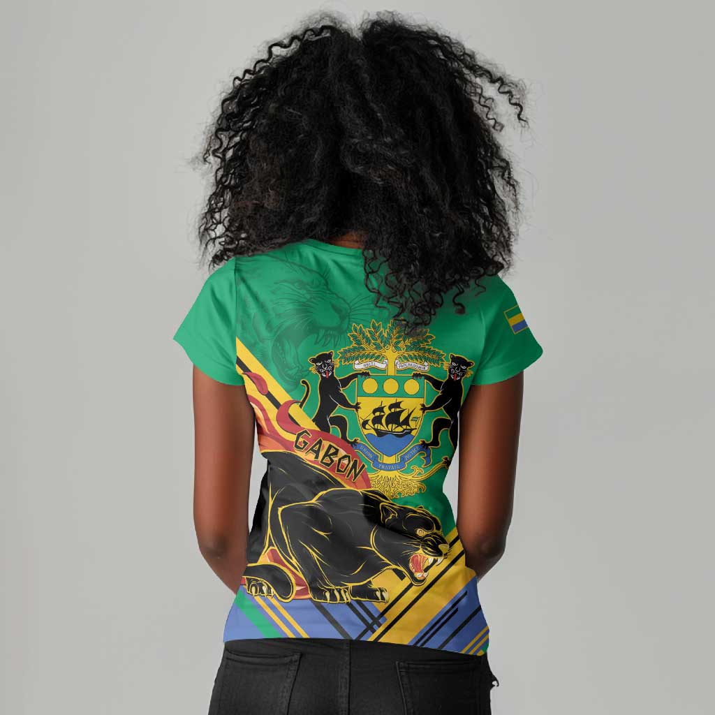Afro Gabon Women V-Neck T-Shirt Black Panther With Coat Of Arms