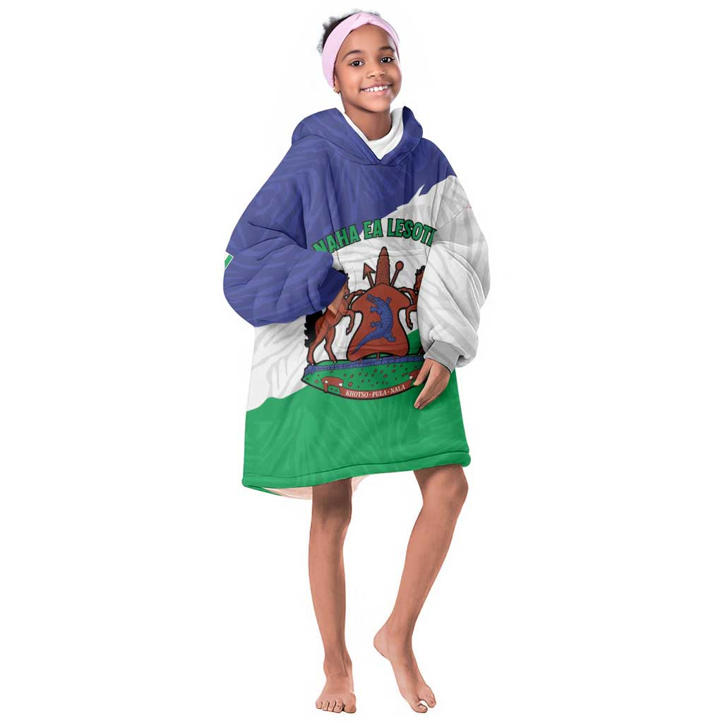 Personalised Afro Lesotho Kid Wearable Blanket Hoodie Coat Of Arms With Map - Grunge Style