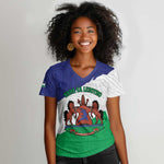 Personalised Afro Lesotho Women V-Neck T-Shirt Coat Of Arms With Map - Grunge Style