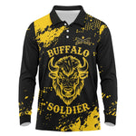 Personalized African-American Heroes Long Sleeve Polo Shirt Bison Buffalo Soldiers - Black Grunge Style - African Pride