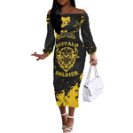 Personalized African-American Heroes Off The Shoulder Long Sleeve Dress Bison Buffalo Soldiers - Black Grunge Style - African Pride