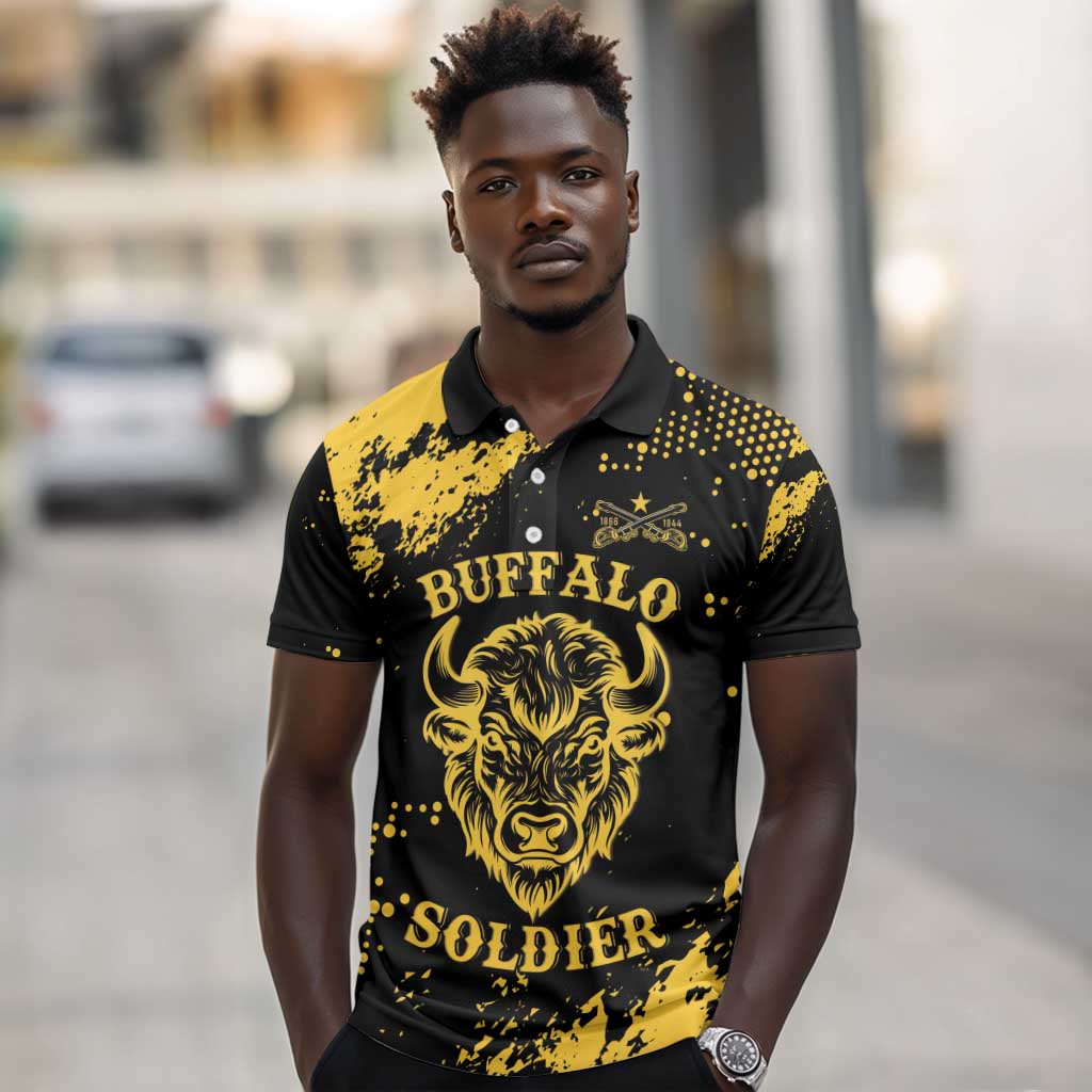 Personalized African-American Heroes Polo Shirt Bison Buffalo Soldiers - Black Grunge Style - African Pride