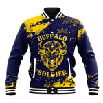Personalized African-American Heroes Baseball Jacket Bison Buffalo Soldiers - Blue Grunge Style - African Pride
