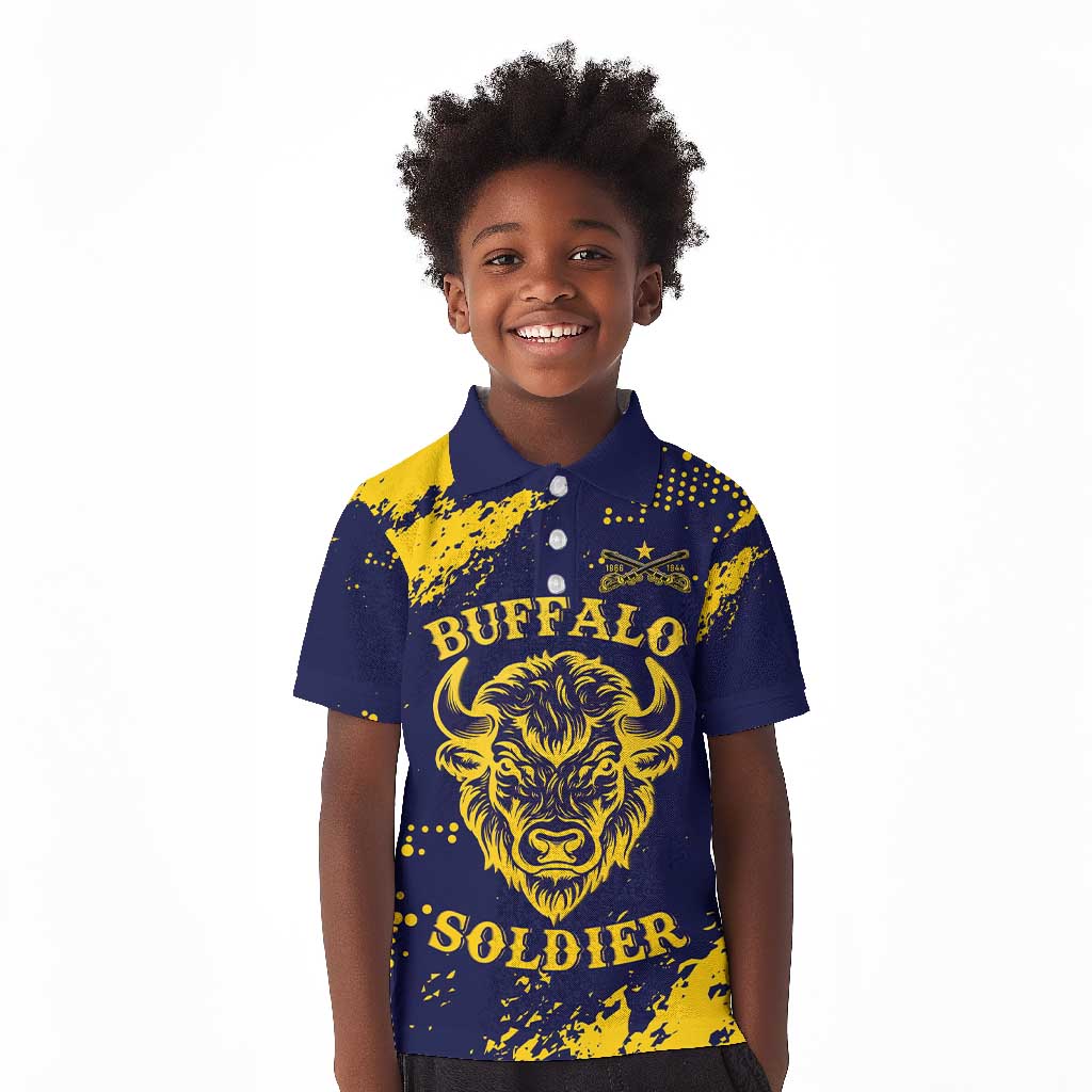 Personalized African-American Heroes Kid Polo Shirt Bison Buffalo Soldiers - Blue Grunge Style - African Pride