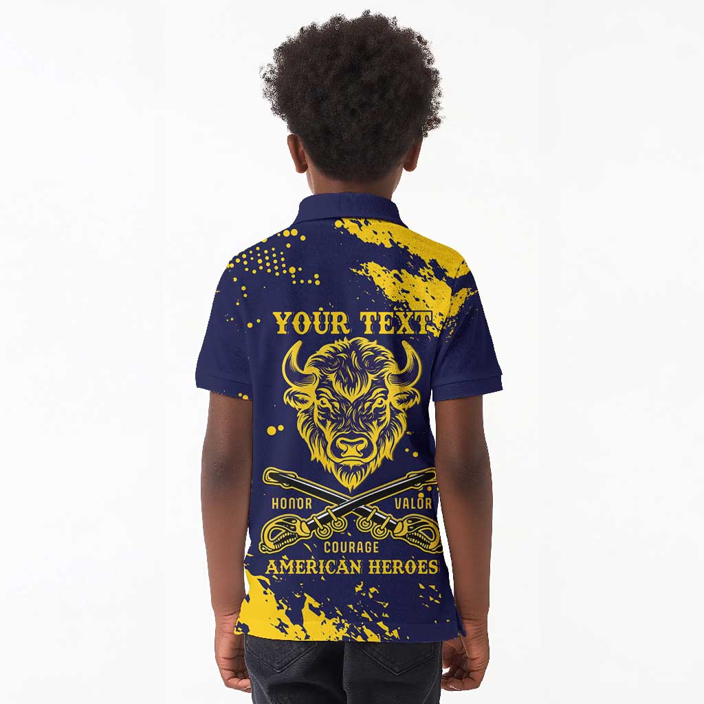 Personalized African-American Heroes Kid Polo Shirt Bison Buffalo Soldiers - Blue Grunge Style - African Pride