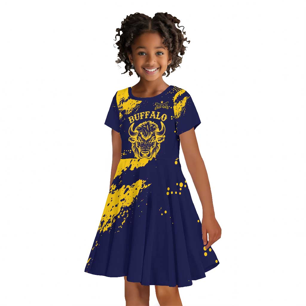 Personalized African-American Heroes Kid Short Sleeve Dress Bison Buffalo Soldiers - Blue Grunge Style - African Pride