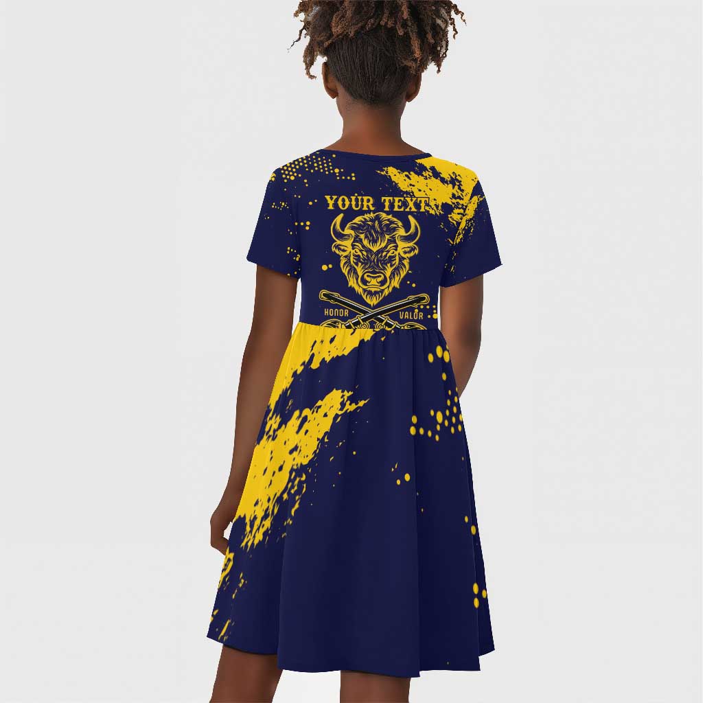 Personalized African-American Heroes Kid Short Sleeve Dress Bison Buffalo Soldiers - Blue Grunge Style - African Pride