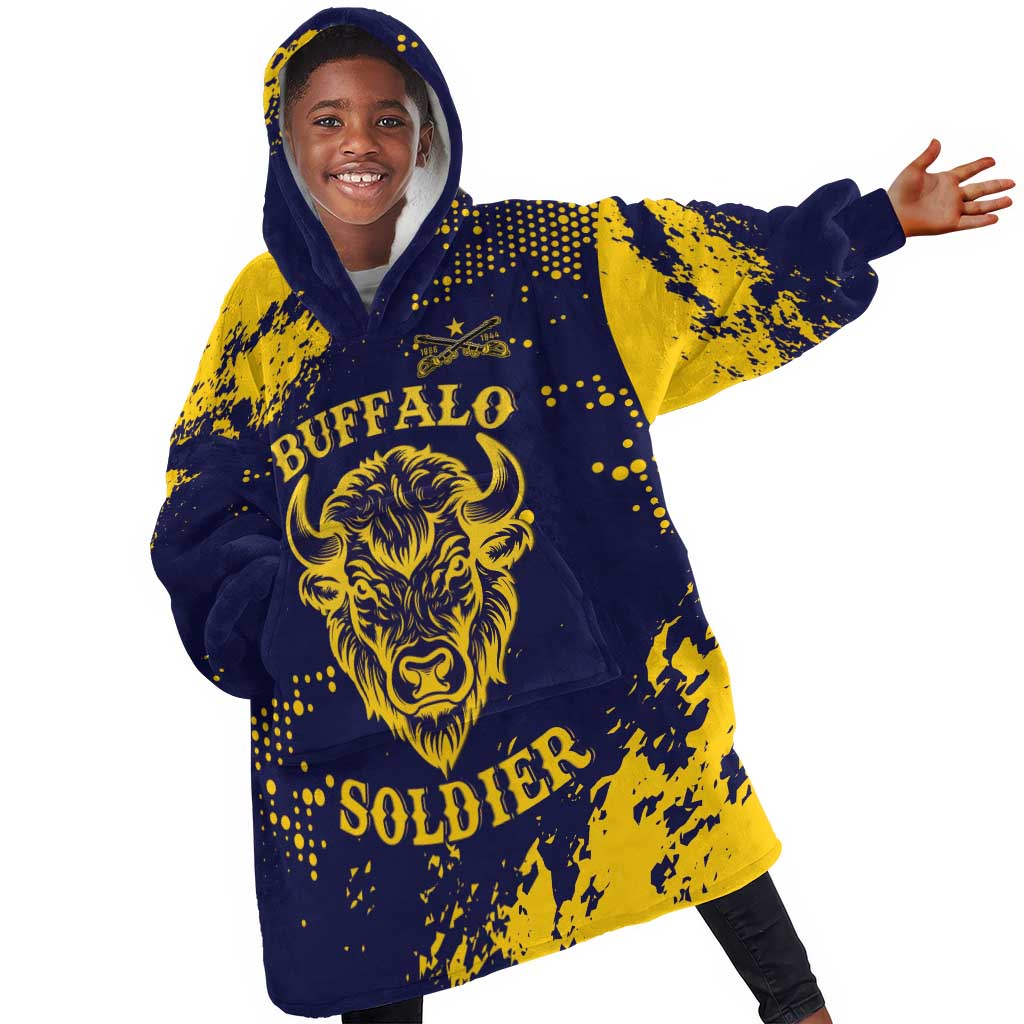 Personalized African-American Heroes Kid Wearable Blanket Hoodie Bison Buffalo Soldiers - Blue Grunge Style - African Pride