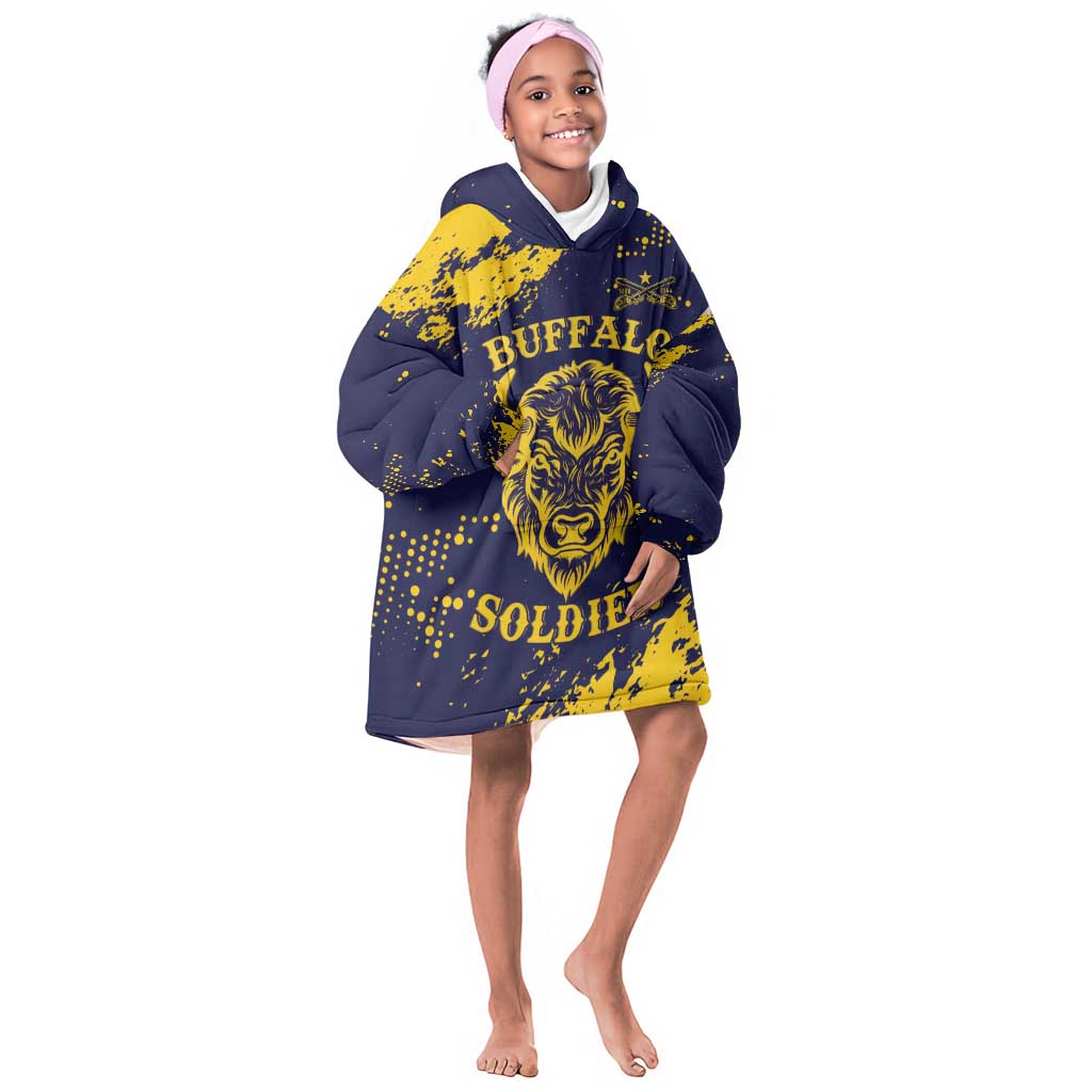 Personalized African-American Heroes Kid Wearable Blanket Hoodie Bison Buffalo Soldiers - Blue Grunge Style - African Pride
