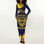 Personalized African-American Heroes Long Sleeve Bodycon Dress Bison Buffalo Soldiers - Blue Grunge Style - African Pride