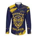 Personalized African-American Heroes Long Sleeve Button Shirt Bison Buffalo Soldiers - Blue Grunge Style - African Pride