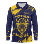 Personalized African-American Heroes Long Sleeve Polo Shirt Bison Buffalo Soldiers - Blue Grunge Style - African Pride