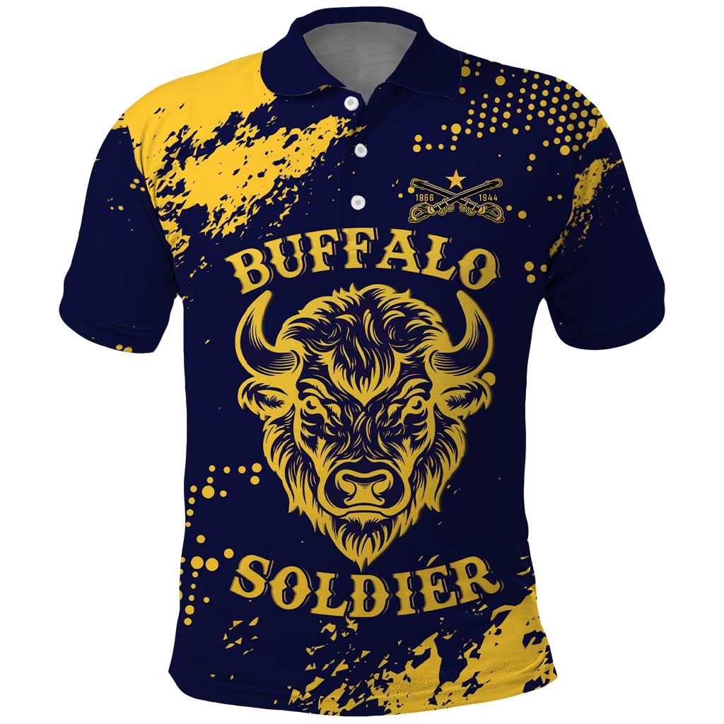 Personalized African-American Heroes Polo Shirt Bison Buffalo Soldiers - Blue Grunge Style - African Pride