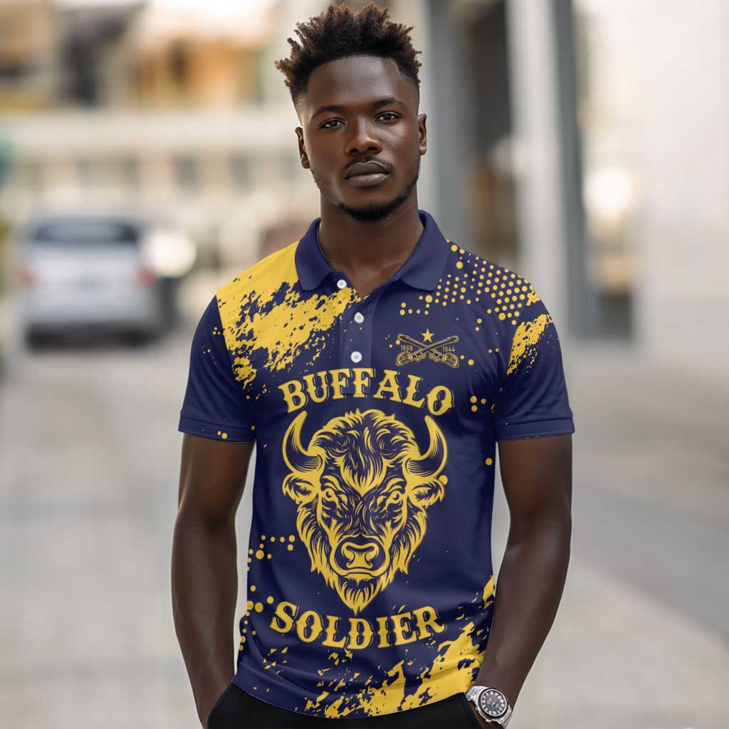 Personalized African-American Heroes Polo Shirt Bison Buffalo Soldiers - Blue Grunge Style - African Pride