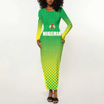 Custom Nigeria Cricket Long Sleeve Bodycon Dress Go Yellow Greens - African Pride