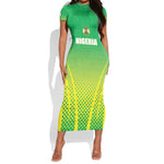 Custom Nigeria Cricket Short Sleeve Bodycon Dress Go Yellow Greens - African Pride