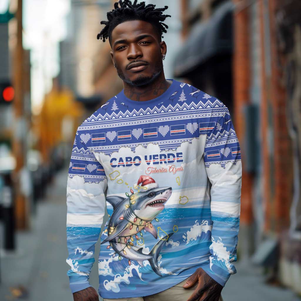 Afro Chirstmas Cabo Verde Football Personalized Long Sleeve Shirt Allez Tubaroes Azuis - African Pride
