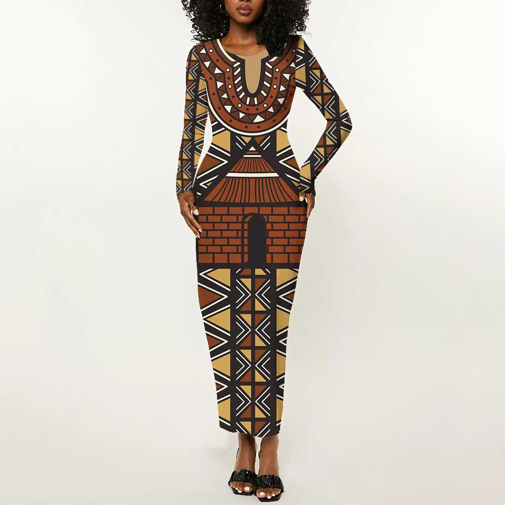 Mali Mud Cloth Village Legacy Long Sleeve Bodycon Dress African Tribal Pattern - African Pride