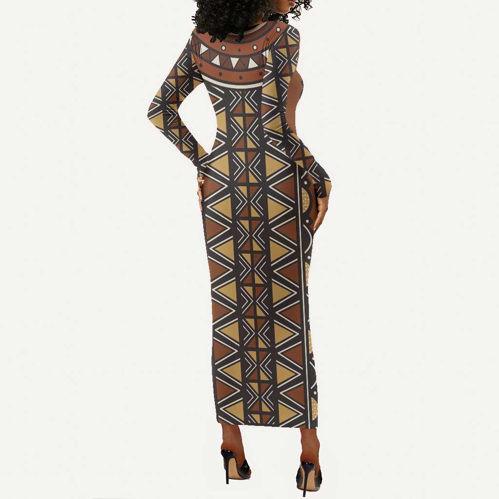 Mali Mud Cloth Village Legacy Long Sleeve Bodycon Dress African Tribal Pattern - African Pride
